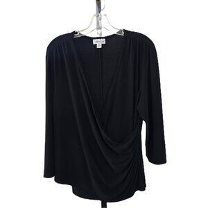 Coldwater Creek Layered Faux Wrap V-Neck 3/4 Top Black 1X